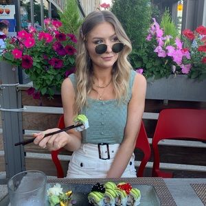 Sage piped corset style eyelet tank